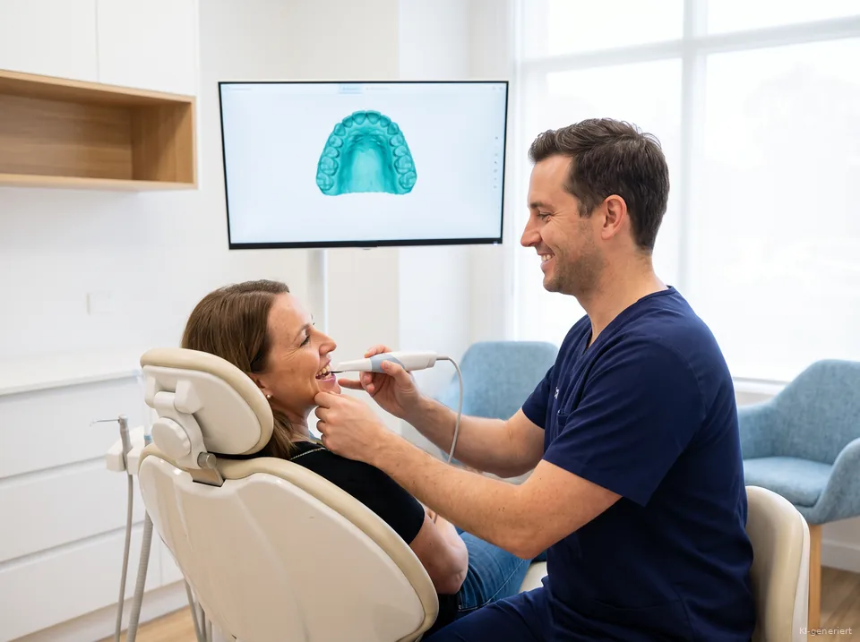 Zahnarzt scannt die Zähne einer Patientin mit einem Intraoralscanner, auf dem Monitor das 3D-Modell